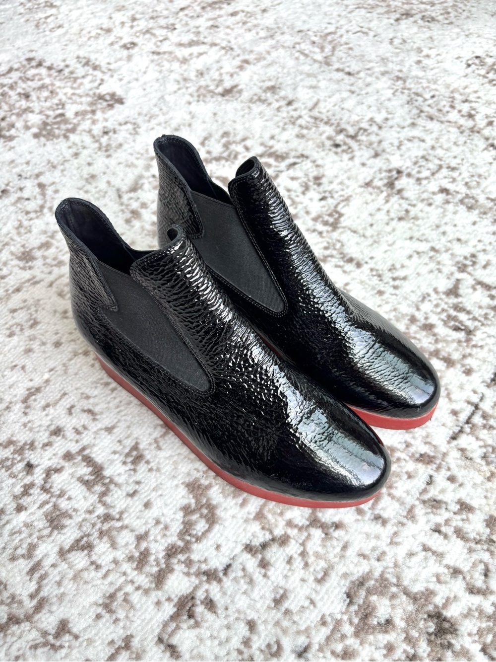 Arche France “Archette” Platform Red Sole Chelsea Crinkled Glossy Ankle Boots